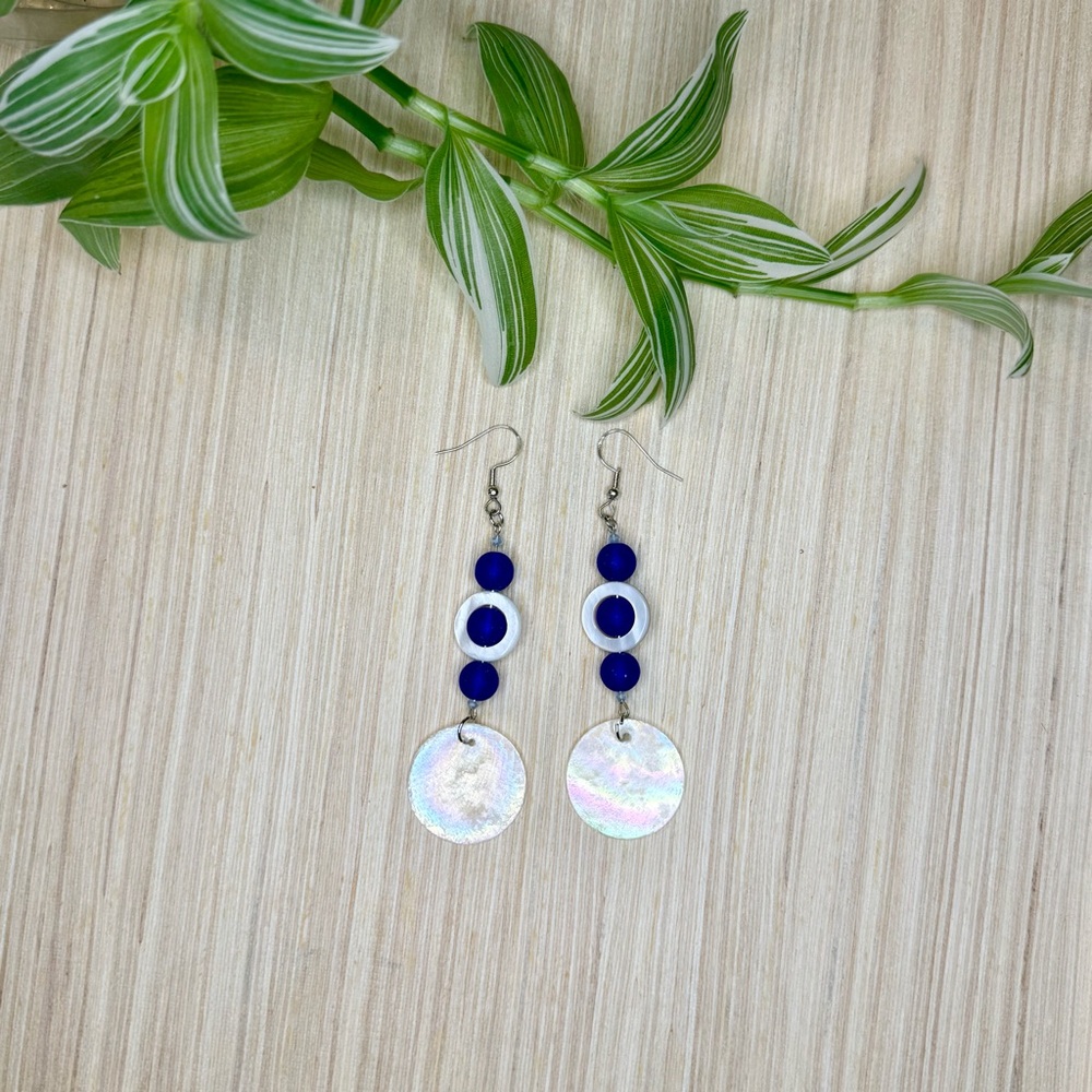 Sea Glass and Mother of Pearl Dangle Earrings | Sterling Silver, Handmade